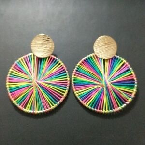 Gold Tone Rainbow Silk Thread Wrapped Hoop Drop Statement Earrings